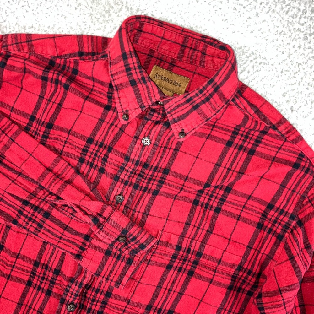 Vtg St Johns Bay Flannel Shirt Men M Red Black Plaid L/S Grunge Gorpcore Western